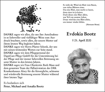 Traueranzeige von Evdokia Bootz von vrm-trauer