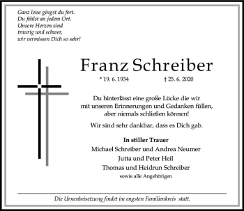 Traueranzeige von Franz Schreiber von vrm-trauer