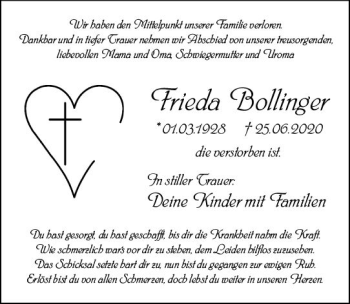 Traueranzeige von Frieda Bollinger von vrm-trauer