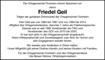 Traueranzeige von Friedel Geil von vrm-trauer