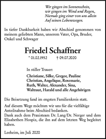 Traueranzeige von Friedel Schaffner von vrm-trauer