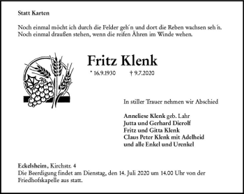 Traueranzeige von Fritz Klenk von vrm-trauer