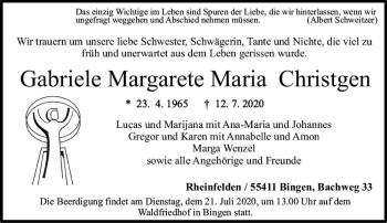 Traueranzeige von Gabriele Margarete Maria Christgen von vrm-trauer
