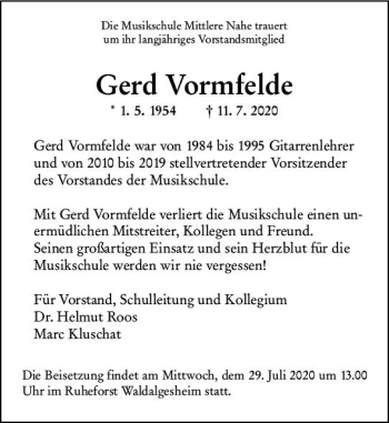 Traueranzeige von Gerd Vormfelde von vrm-trauer