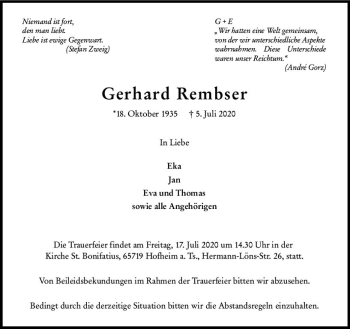 Traueranzeige von Gerhard Rembser von vrm-trauer