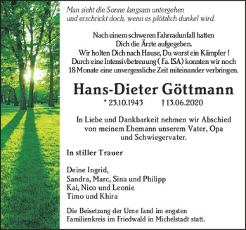 Traueranzeige von Hans-Dieter Göttmann von vrm-trauer