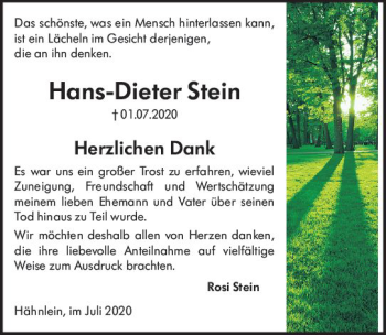Traueranzeige von Hans-Dieter Stein von vrm-trauer