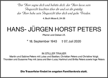 Traueranzeige von Hans-Jürgens Horst Peters von vrm-trauer