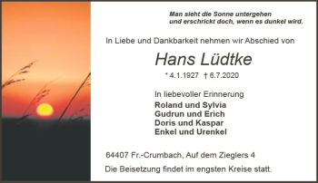 Traueranzeige von Hans Lüdtke von vrm-trauer