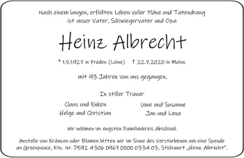 Traueranzeige von Heinz Albrecht von vrm-trauer
