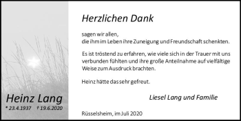 Traueranzeige von Heinz Lang von vrm-trauer