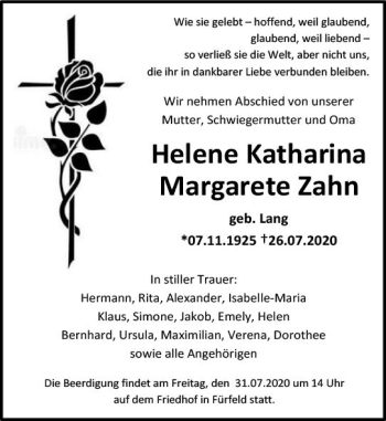 Traueranzeige von Helene Katharina Margarete Zahn von vrm-trauer