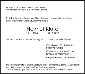 Traueranzeige von Helmut Klute von vrm-trauer