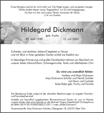 Traueranzeige von Hildegard Dickmann von vrm-trauer