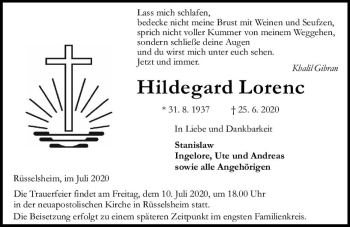 Traueranzeige von Hildegard Lorenc von vrm-trauer
