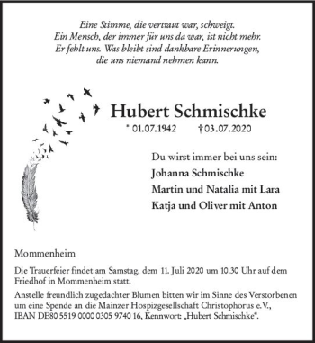 Traueranzeige von Hubert Schmischke von vrm-trauer