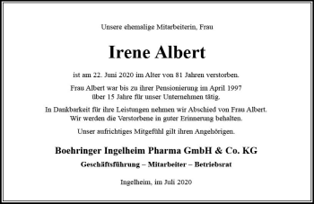 Traueranzeige von Irene Albert von vrm-trauer