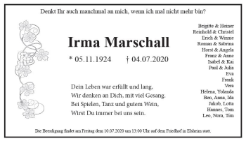 Traueranzeige von Irma Marschall von vrm-trauer