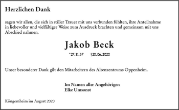 Traueranzeige von Jakob Beck von vrm-trauer
