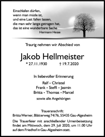 Traueranzeige von Jakob Hellmeister von vrm-trauer