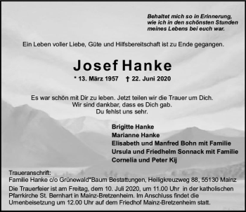 Traueranzeige von Josef Hanke von vrm-trauer