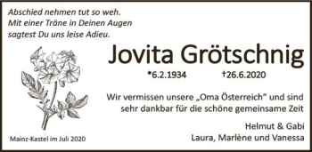 Traueranzeige von Jovita Grötschnig von vrm-trauer