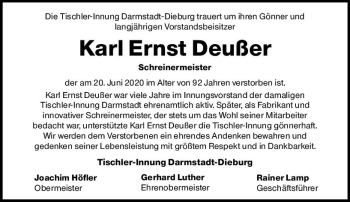 Traueranzeige von Karl Ernst Deußer von vrm-trauer