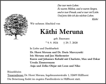 Traueranzeige von Käthi Meruna von vrm-trauer