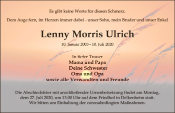 Traueranzeige von Lenny Morris Ulrich von vrm-trauer