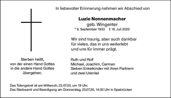 Traueranzeige von Luzie Nonnenmacher von vrm-trauer