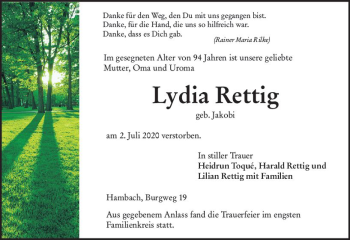 Traueranzeige von Lydia Rettig von vrm-trauer
