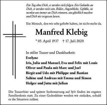 Traueranzeige von Manfred Klebig von vrm-trauer