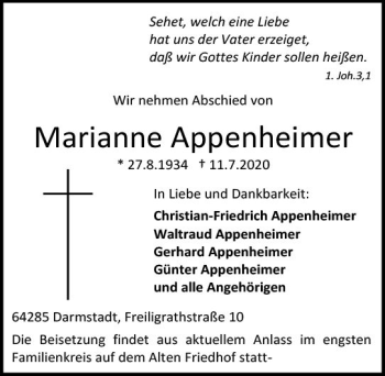 Traueranzeige von Marianne Appenheimer von vrm-trauer