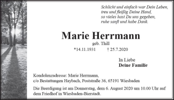 Traueranzeige von Marie Herrmann von vrm-trauer