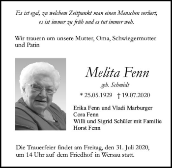 Traueranzeige von Melita Fenn von vrm-trauer