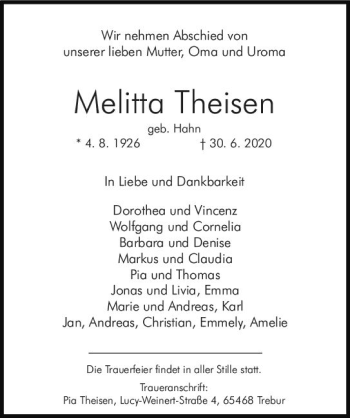 Traueranzeige von Melitta Theisen von vrm-trauer