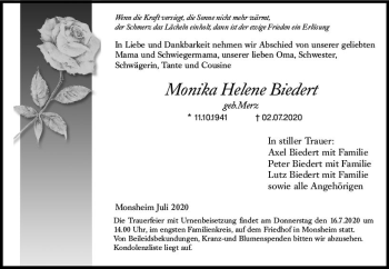 Traueranzeige von Monika Helene Biedert von vrm-trauer