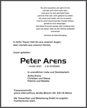 Traueranzeige von Peter Arens von vrm-trauer