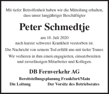 Traueranzeige von Peter Schmedtje von vrm-trauer