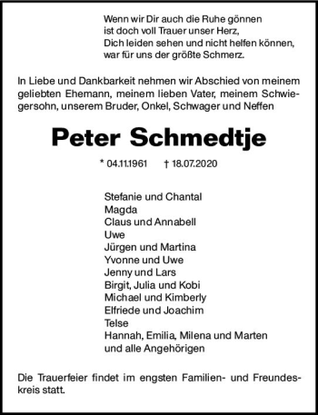Traueranzeige von Peter Schmedtje von vrm-trauer