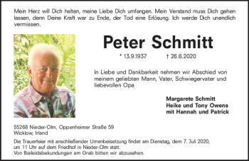 Traueranzeige von Peter Schmitt von vrm-trauer Traueranzeige von Peter Schmitt von vrm-trauer