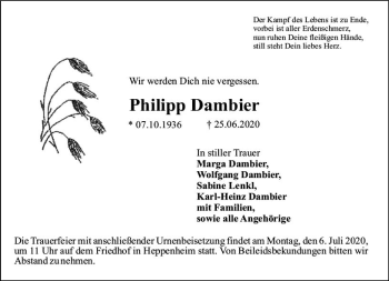 Traueranzeige von Philipp Dambier von vrm-trauer
