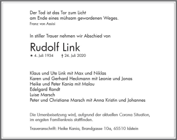 Traueranzeige von Rudolf Link von vrm-trauer