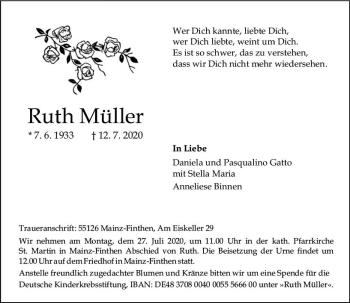 Traueranzeige von Ruth Müller von vrm-trauer
