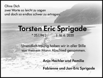 Traueranzeige von Torsten Eric Sprigade von vrm-trauer