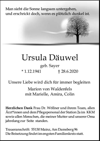 Traueranzeige von Ursula Däuwel von vrm-trauer