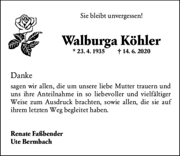 Traueranzeige von Walburga Köhler von vrm-trauer