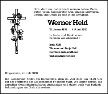 Traueranzeige von Werner Held von vrm-trauer