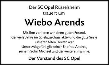 Traueranzeige von Wiebo Arends von vrm-trauer