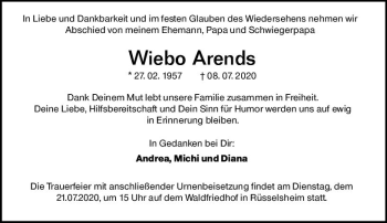 Traueranzeige von Wiebo Arends von vrm-trauer